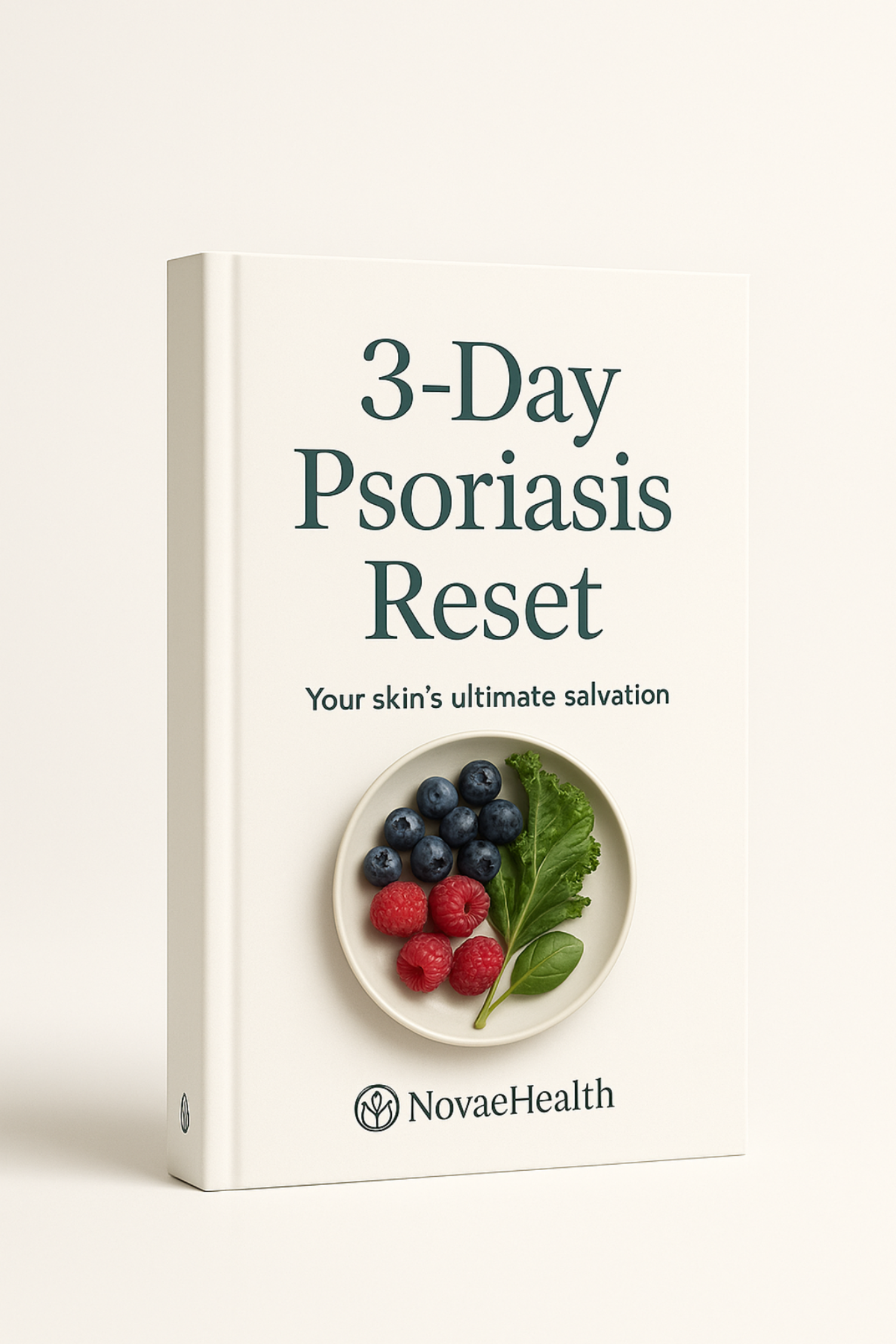 Book titled '3-Day Psoriasis Reset' by NovaeHealth with a plate of berries on a white background